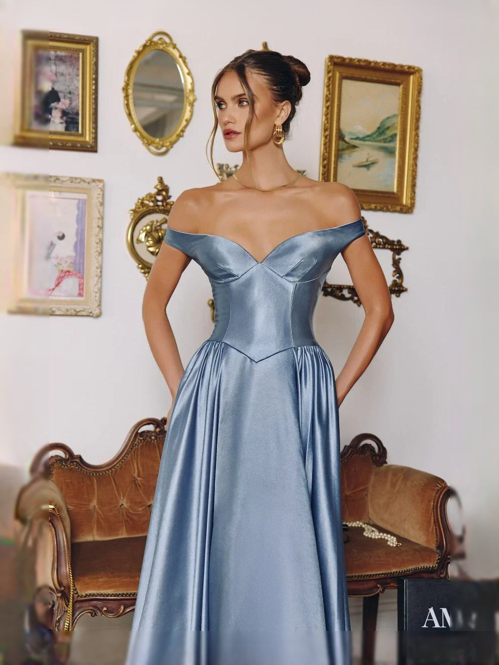 Dark Blue maxi prom dress, alternate view showing the skirt and hem