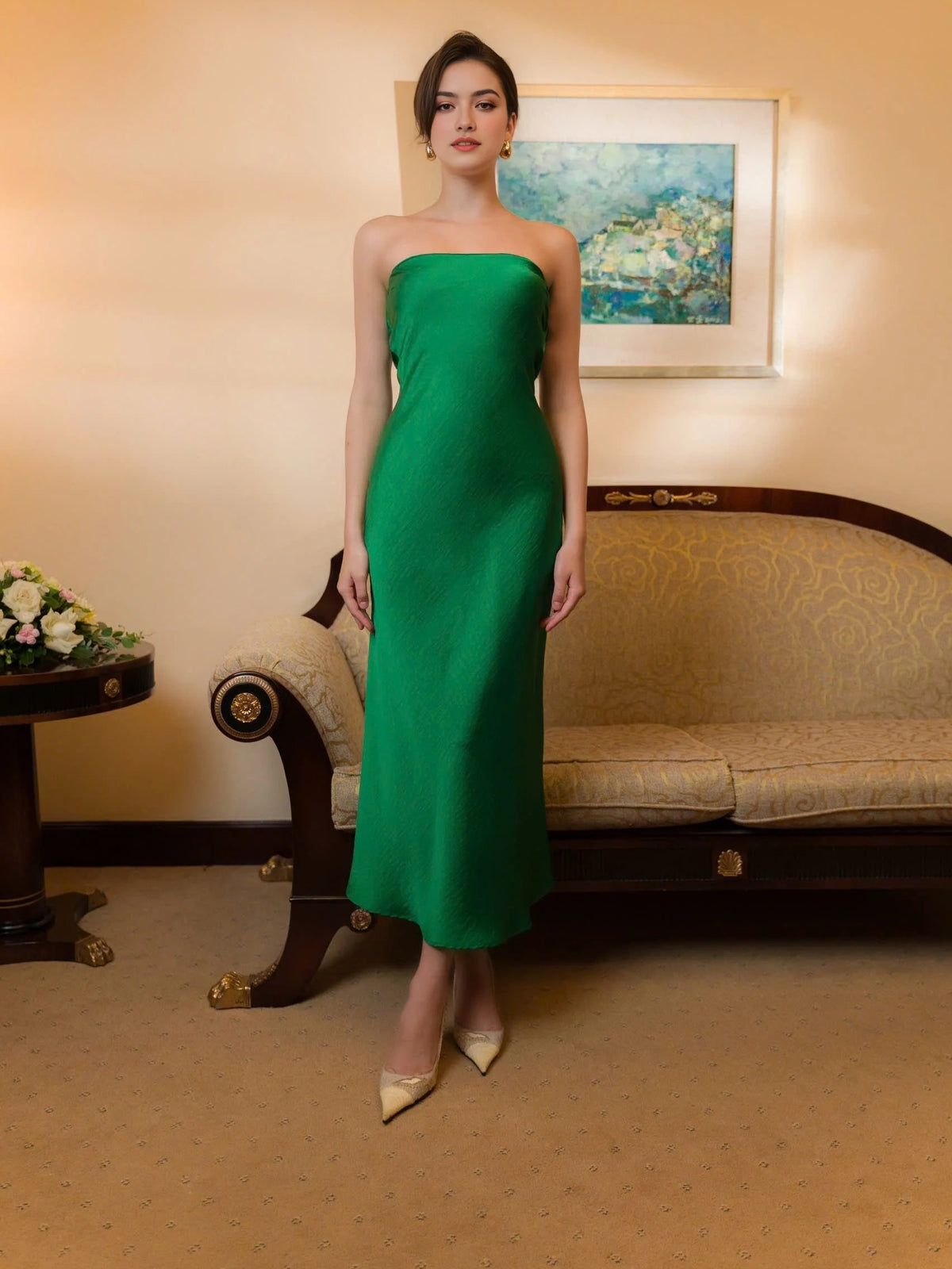 Emerald Green floor-length bridesmaid dress, alternate view showing the skirt and hem