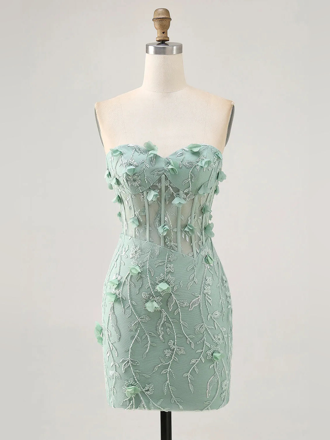 Mint Green mini homecoming dress, alternate view showing the skirt and hem