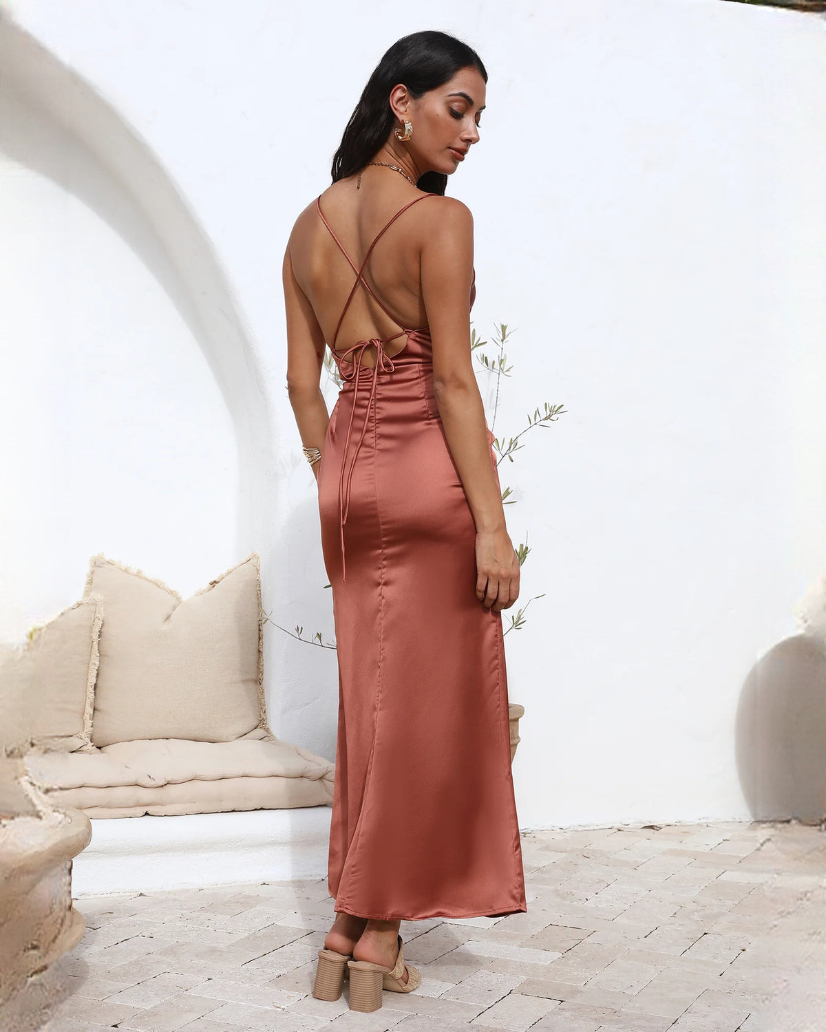 sleeveless satin a-line maxi bridesmaid dress - image 5