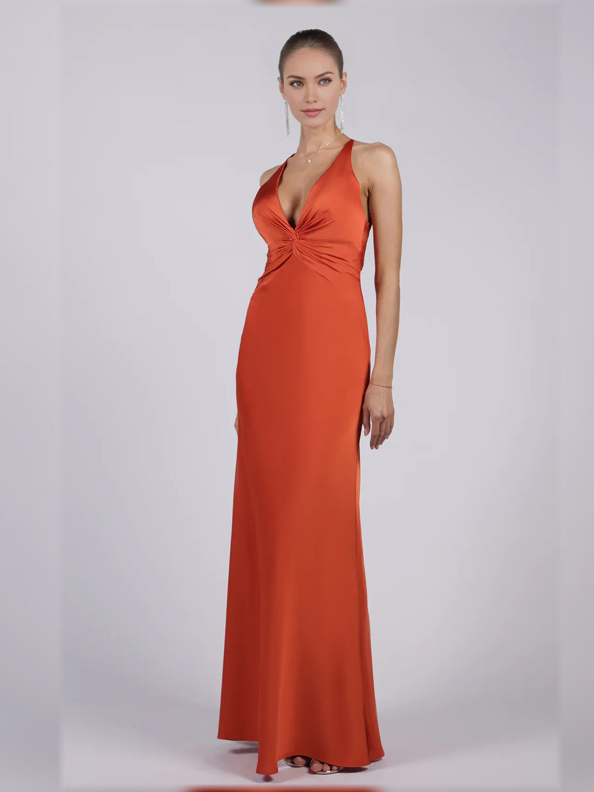 Burnt Orange sheath floor-length formal dress with halter neckline, alternate view showing the skirt