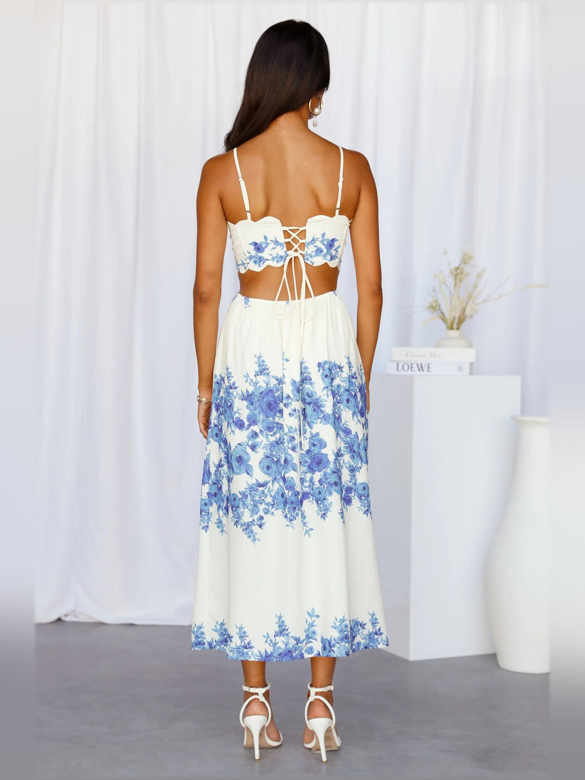 Blue midi formal dress, alternate view showing the skirt