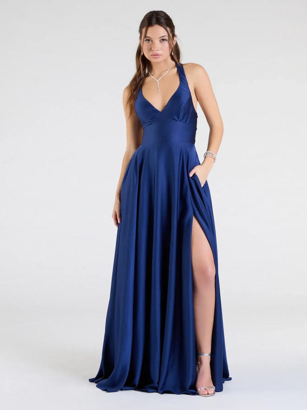 Cobalt Blue maxi prom dress, alternate view showing the skirt and hem