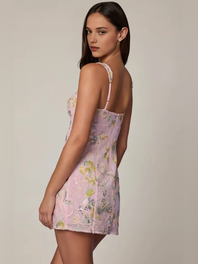Pink mini homecoming dress, alternate view showing the skirt and hem