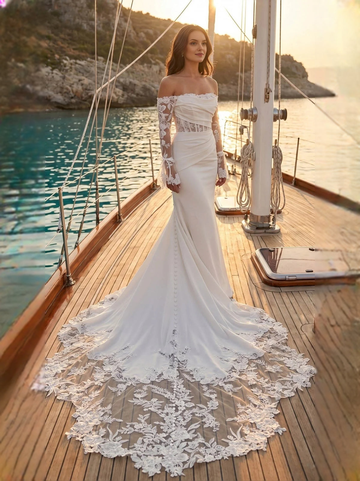 Ivory floor-length wedding dress, alternate view showing the skirt and hem