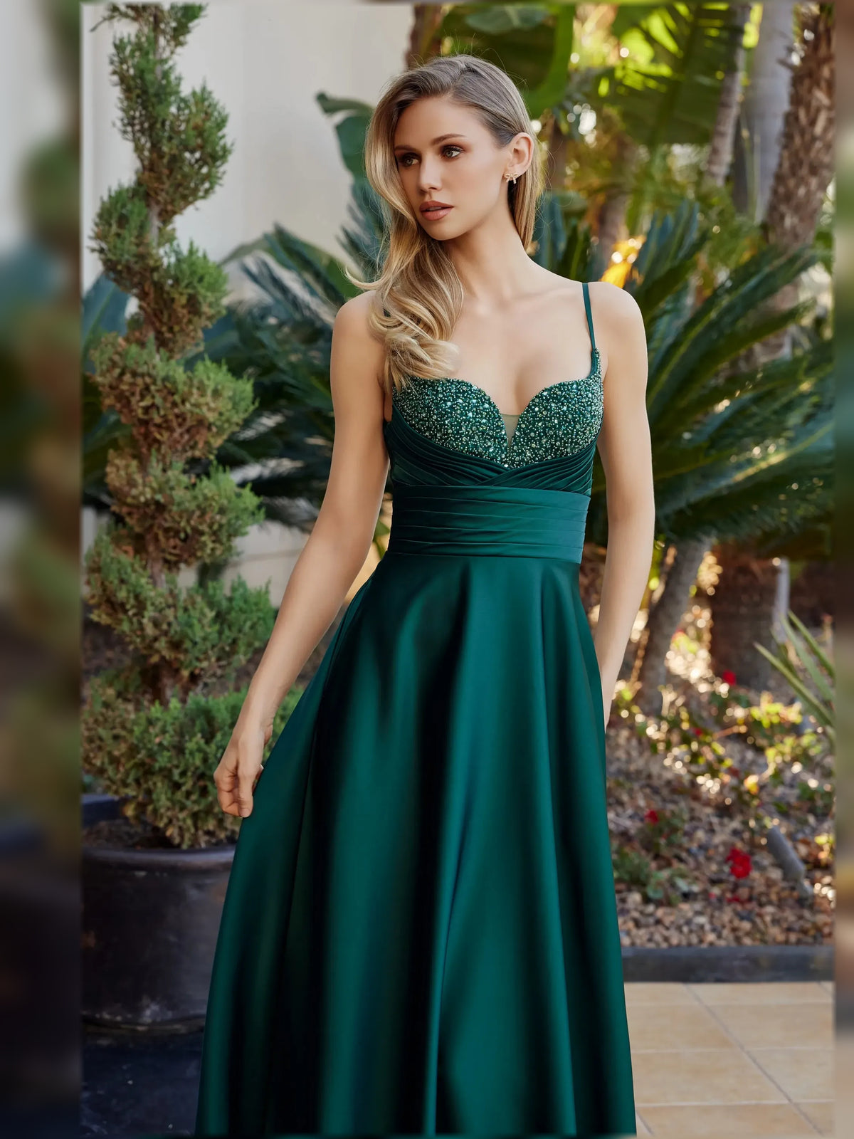 Black a-line floor-length formal dress with ruching, alternate view showing the skirt