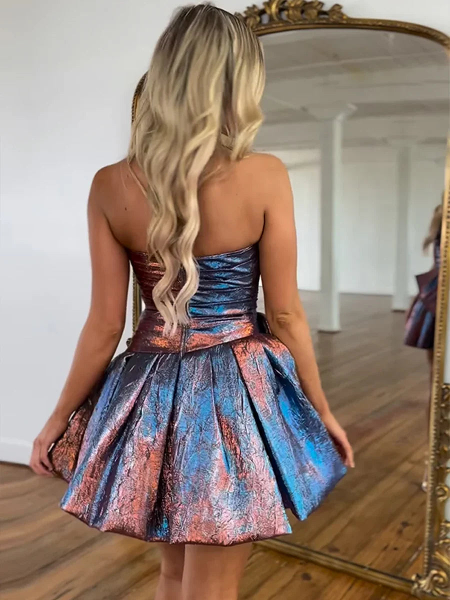 Magenta mini homecoming dress, alternate view showing the skirt and hem