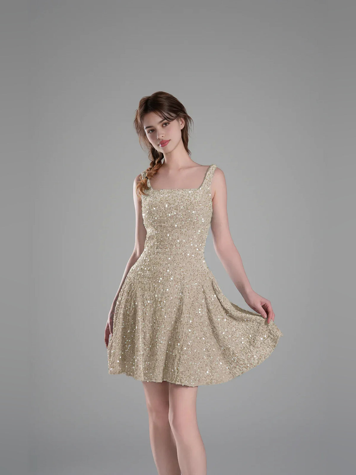 Champagne mini homecoming dress, alternate view showing the skirt and hem
