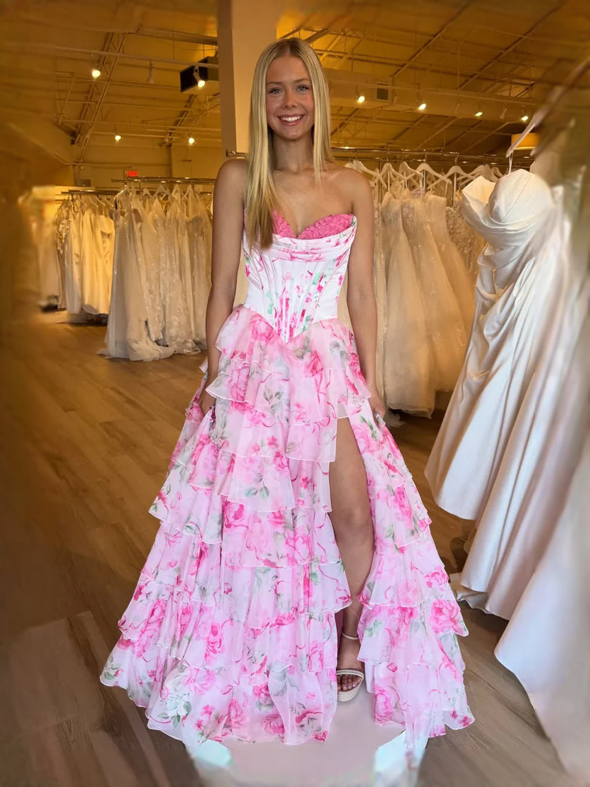 Fuchsia maxi prom dress, alternate view showing the skirt and hem