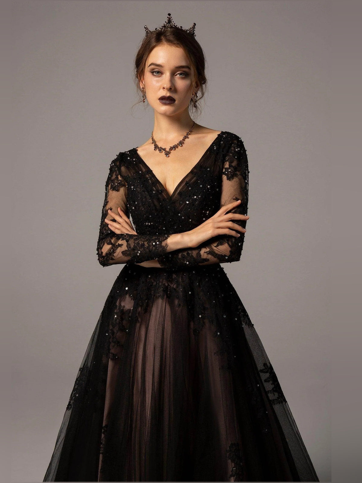 Black floor-length wedding dress, alternate view showing the skirt and hem
