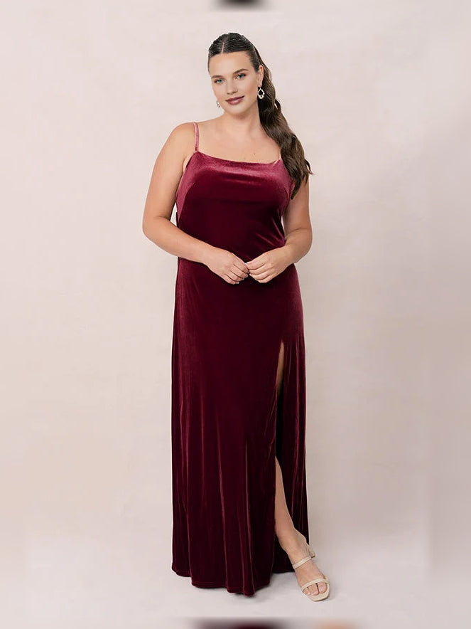 Burgundy floor-length bridesmaid dress, alternate view showing the skirt and hem