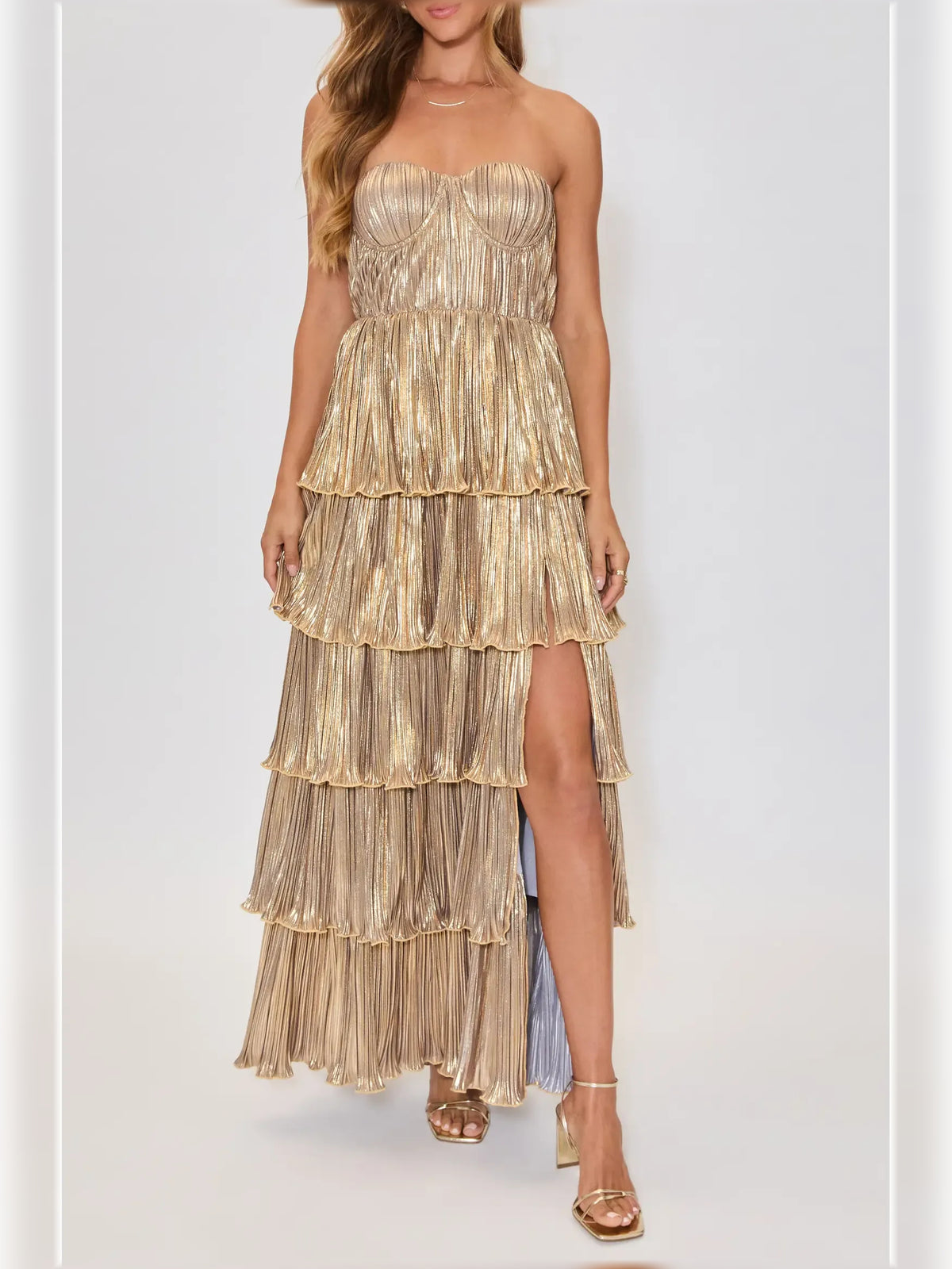 Gold a-line floor-length formal dress with tiered skirt, alternate view