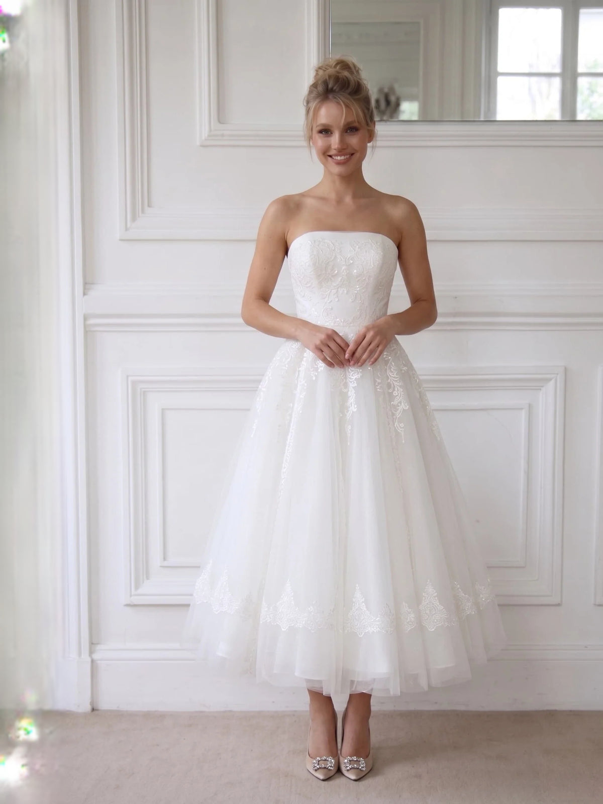 Ivory short wedding dress, alternate view showing the skirt and hem