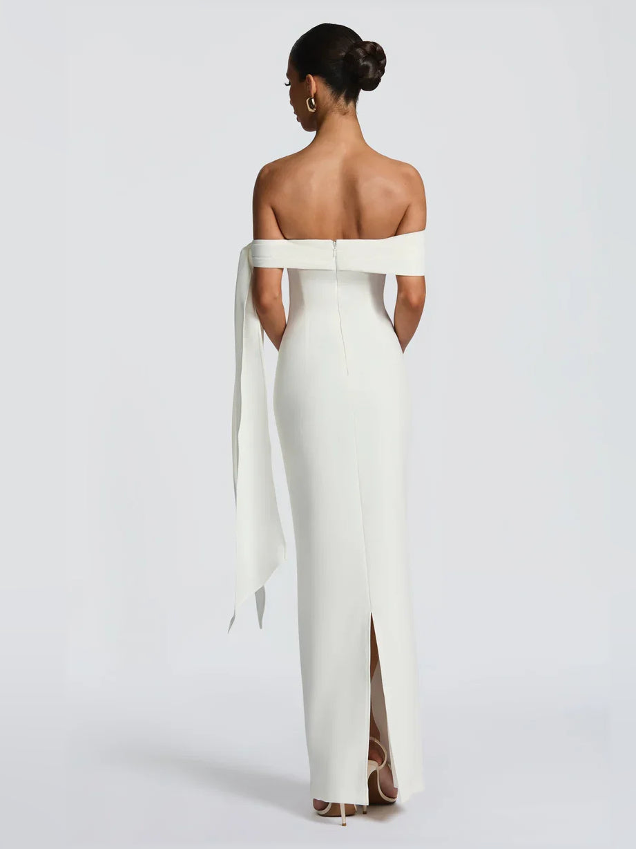 Olive Green sheath floor-length formal dress with skirt slit, alternate view showing the skirt