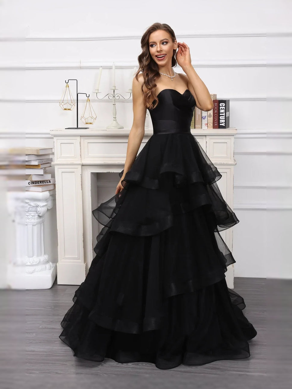 Black floor-length wedding dress, alternate view showing the skirt and hem