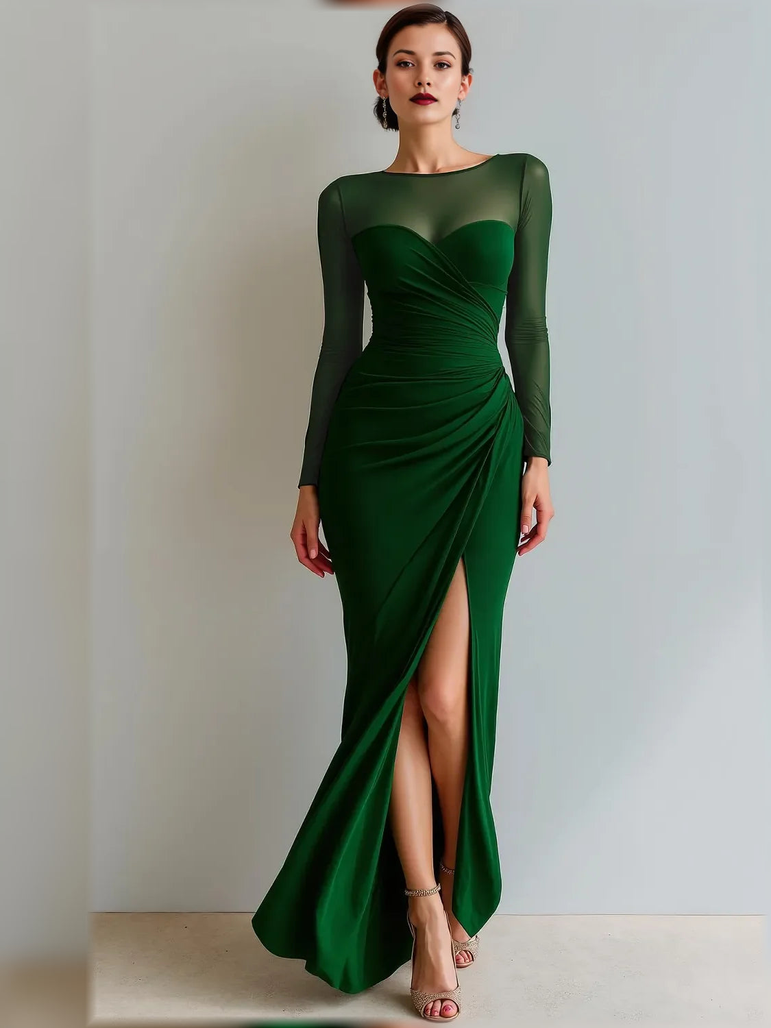 Dark Green sheath floor-length formal dress with ruching, alternate view