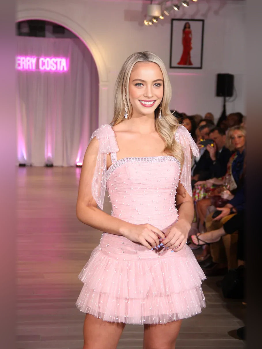Blush Pink mini homecoming dress, alternate view showing the skirt and hem