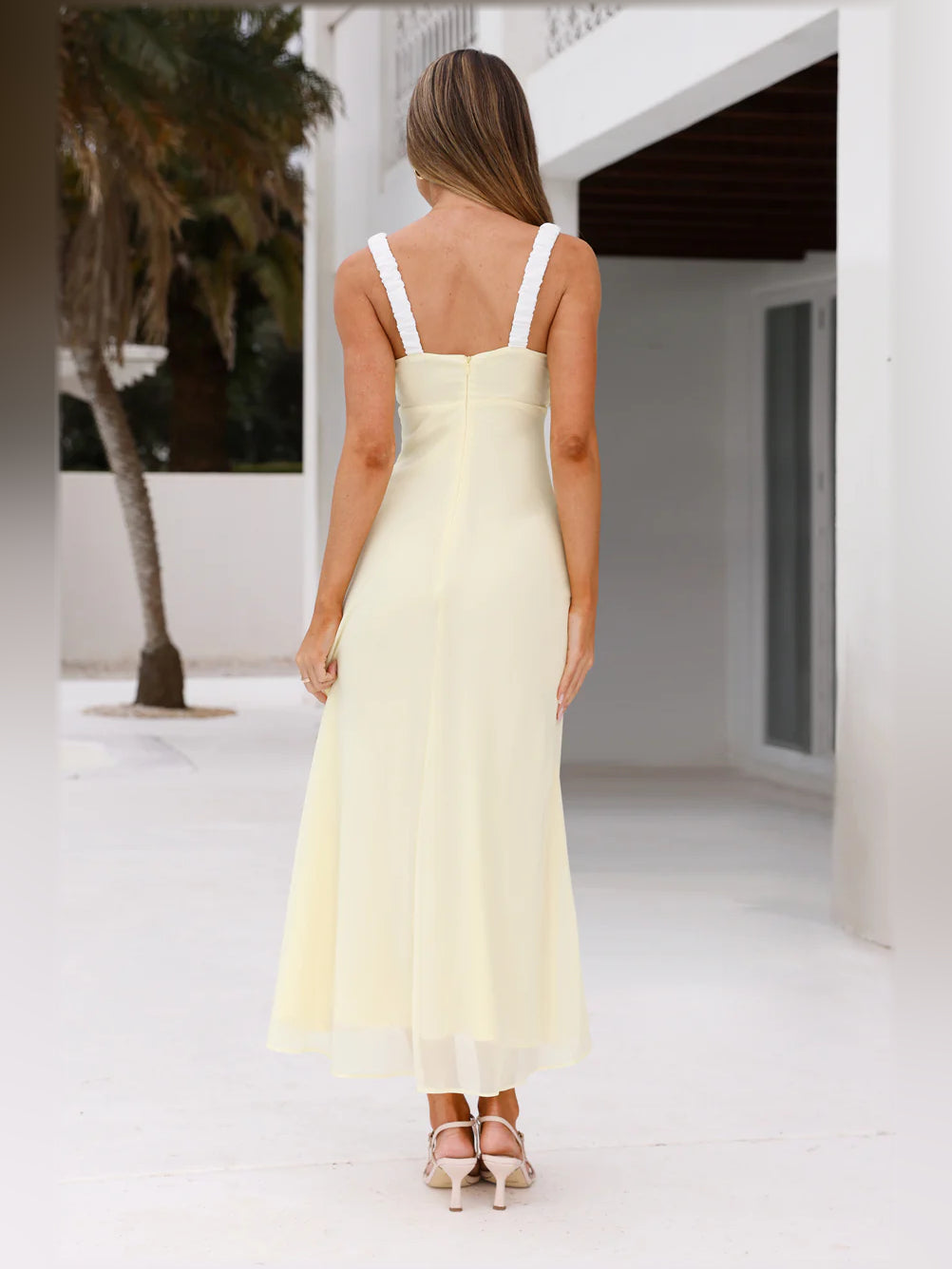 Yellow midi formal dress, alternate view showing the skirt