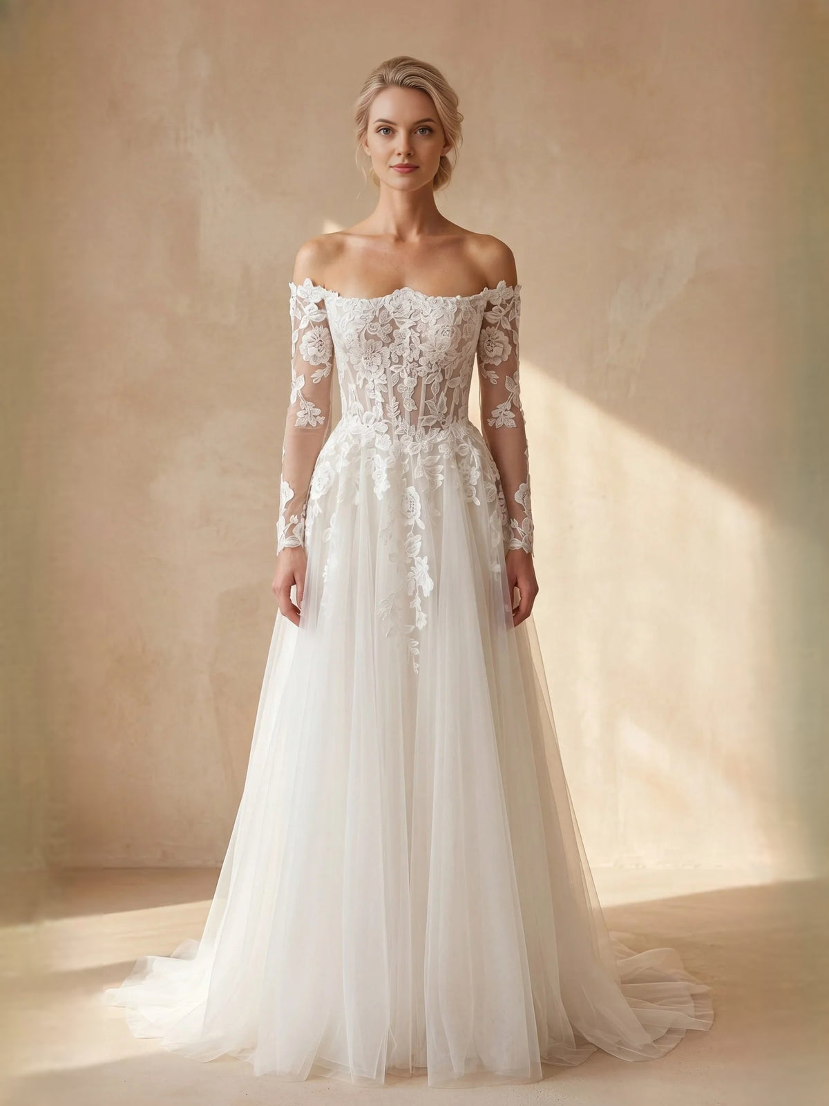 Ivory floor-length wedding dress, alternate view showing the skirt and hem