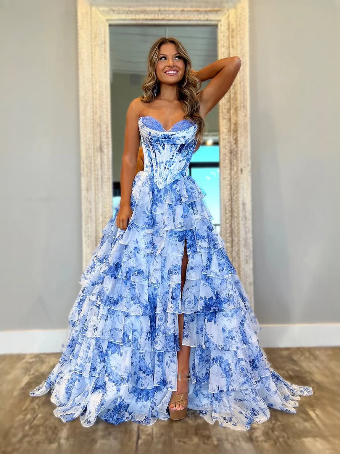 Blue floor-length prom dress, alternate view showing the skirt and hem