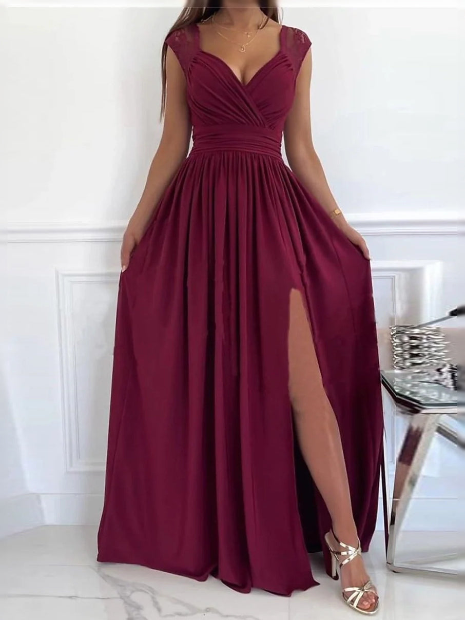 Deep Red floor-length prom dress, alternate view showing the skirt and hem