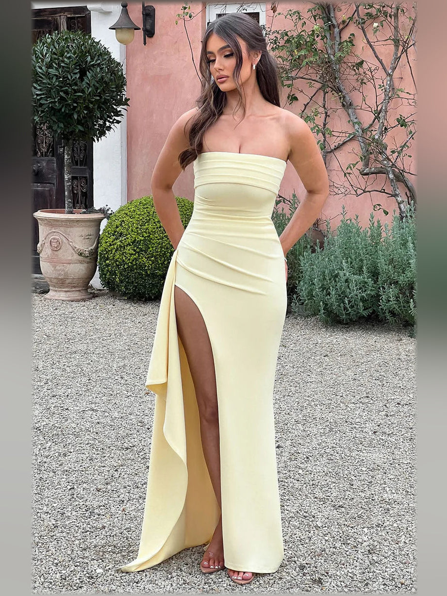 Lemon mermaid floor-length formal dress with ruffle details, alternate view