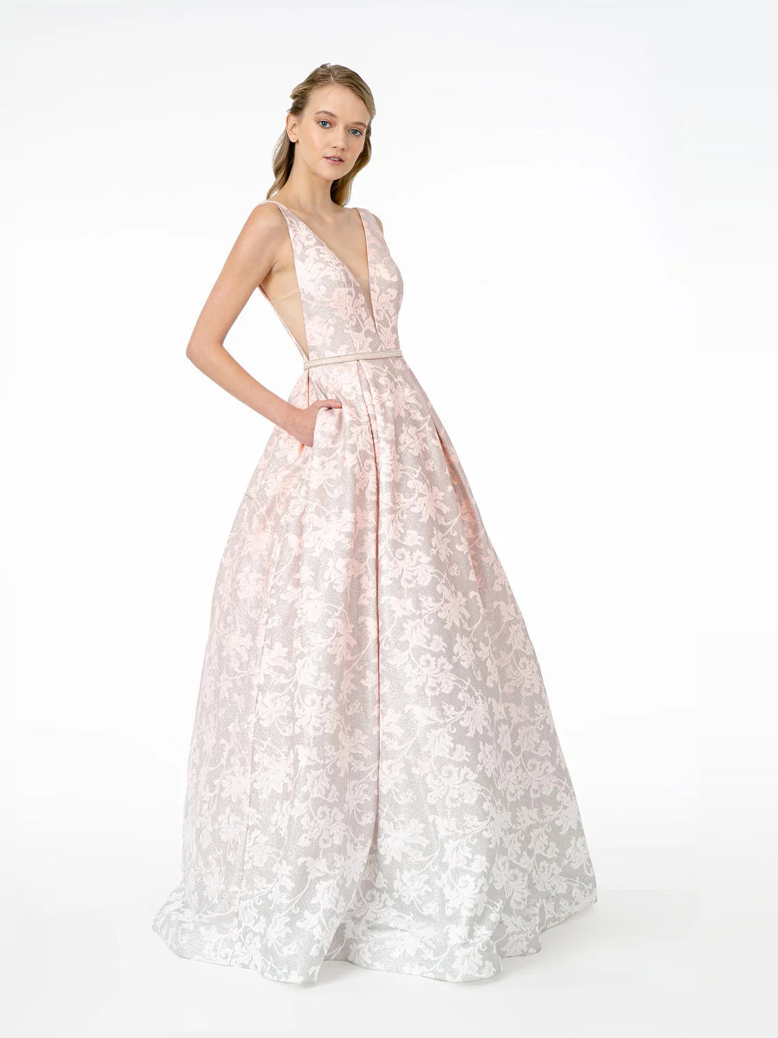 Blush Pink a-line floor-length formal dress with beading, alternate view