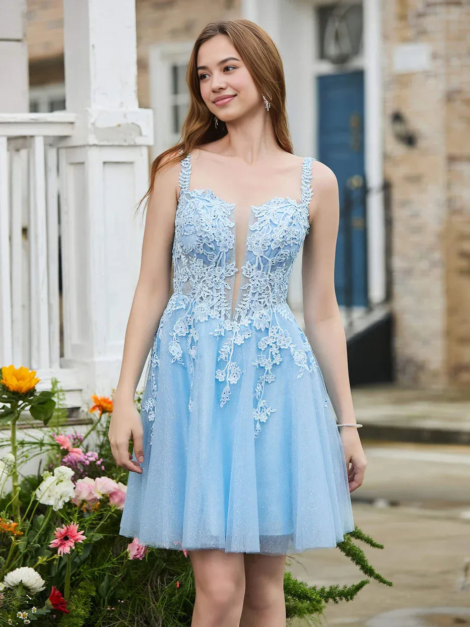 Light Blue mini homecoming dress, alternate view showing the skirt and hem