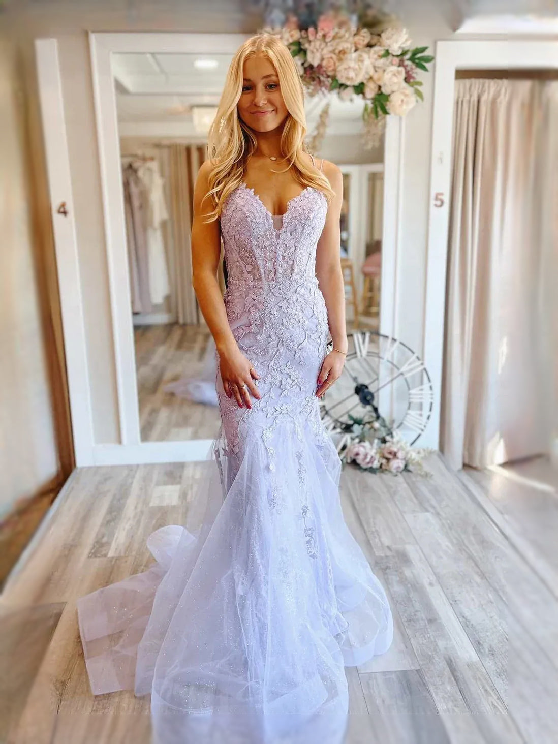 Lavender maxi prom dress, alternate view showing the skirt and hem