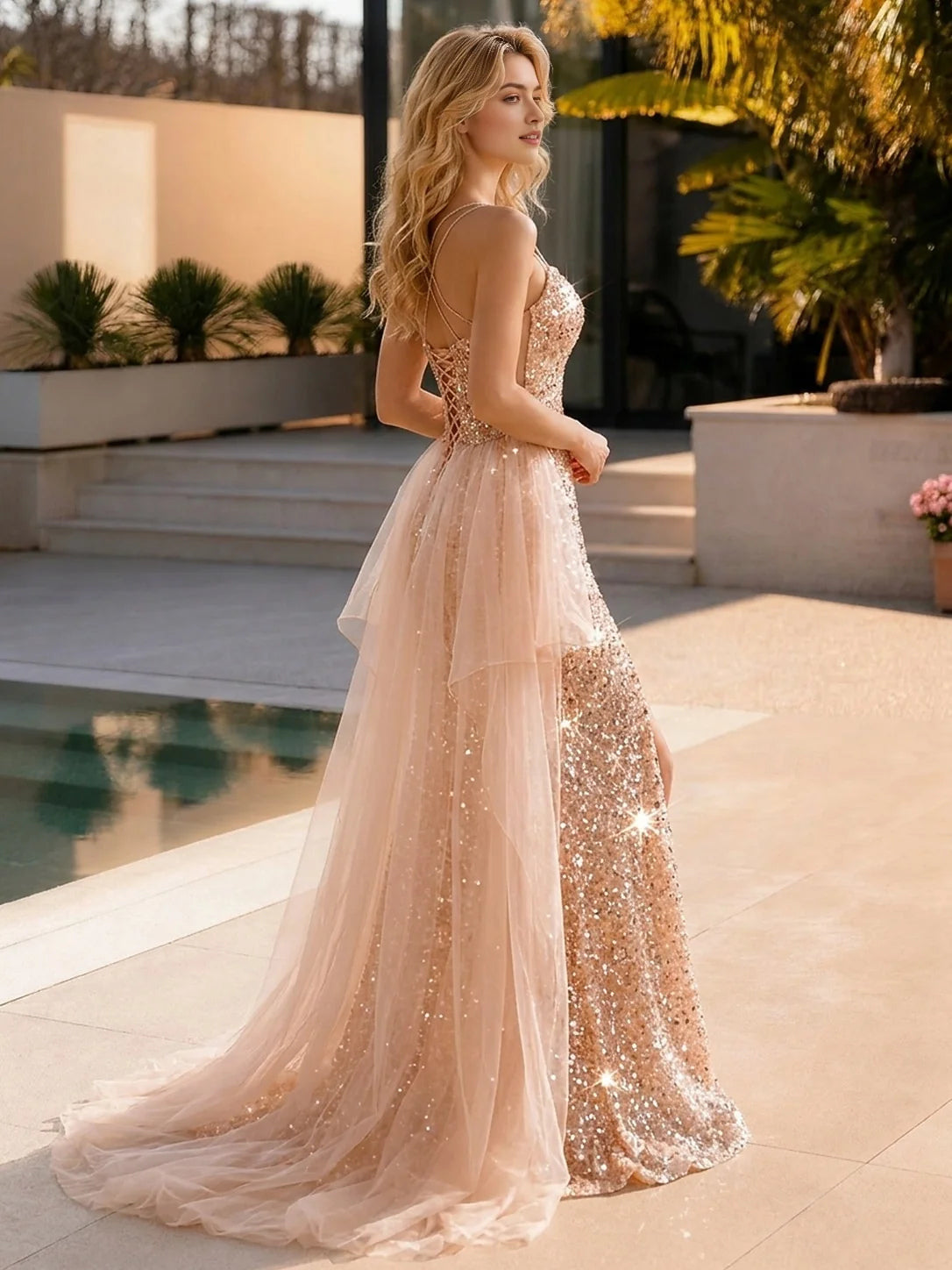 Gold floor-length prom dress, alternate view showing the skirt and hem