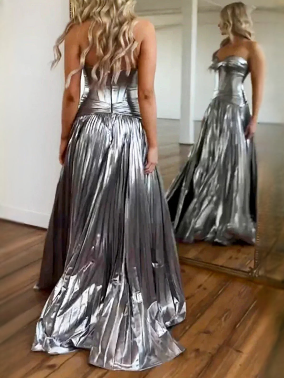 Blue floor-length prom dress, alternate view showing the skirt and hem