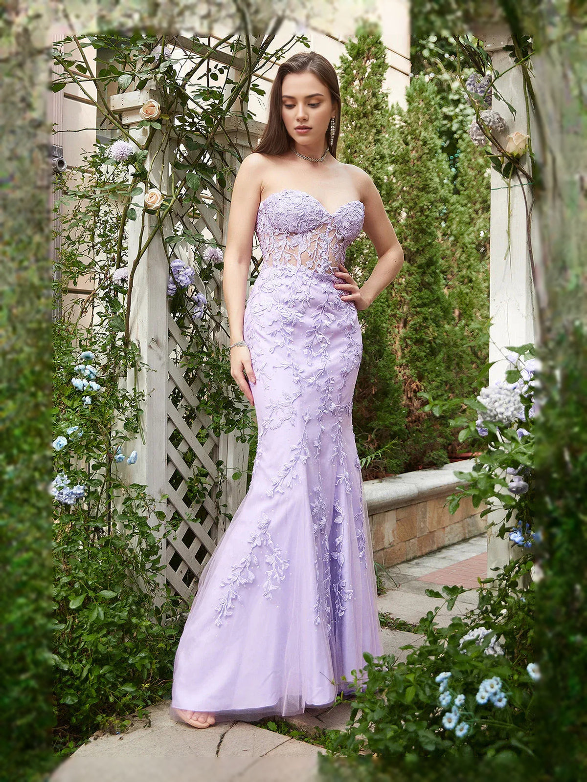 Lilac floor-length prom dress, back view showing the rear of the dress with the dress shown closer