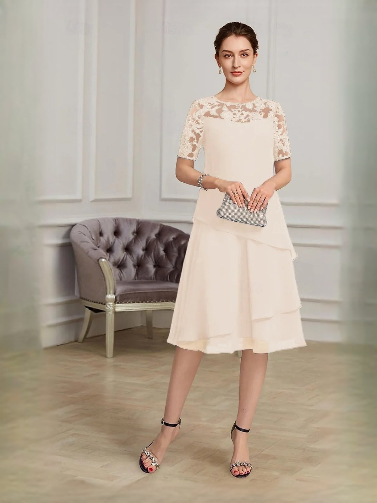 Ivory short mother of the bride dress, alternate view showing the skirt and hem