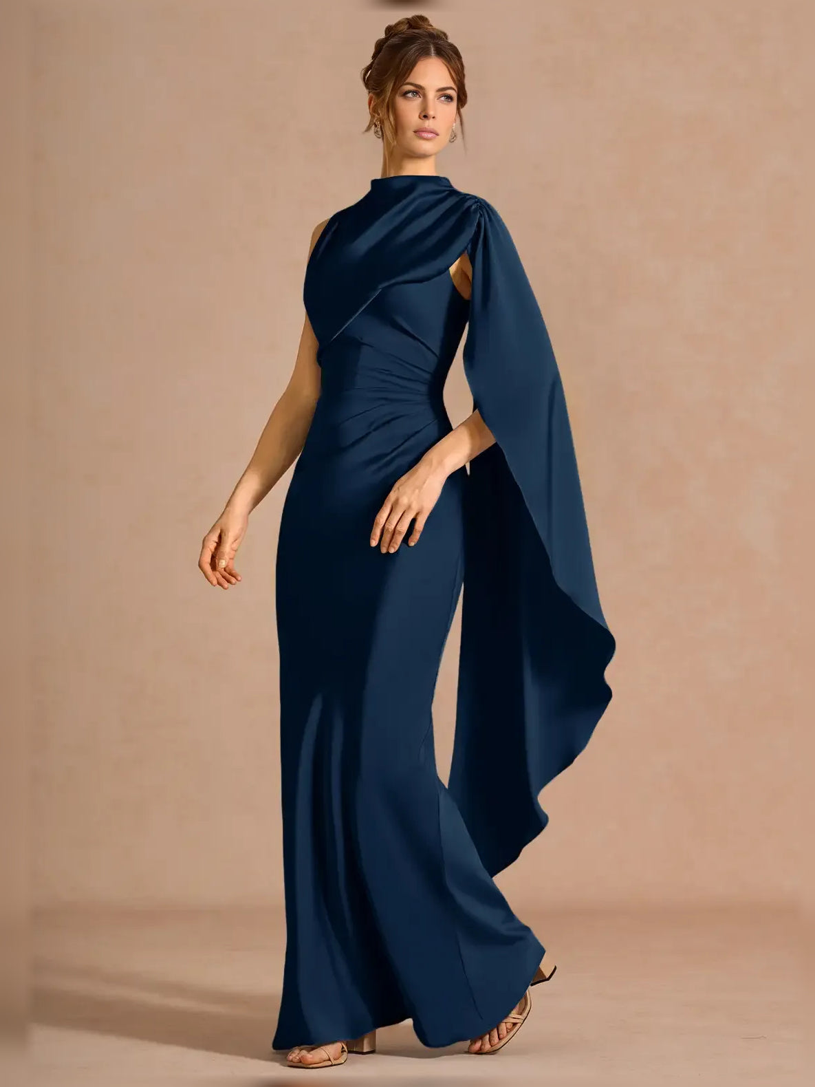 Navy Blue mermaid floor-length formal dress with ruching, alternate view showing the skirt