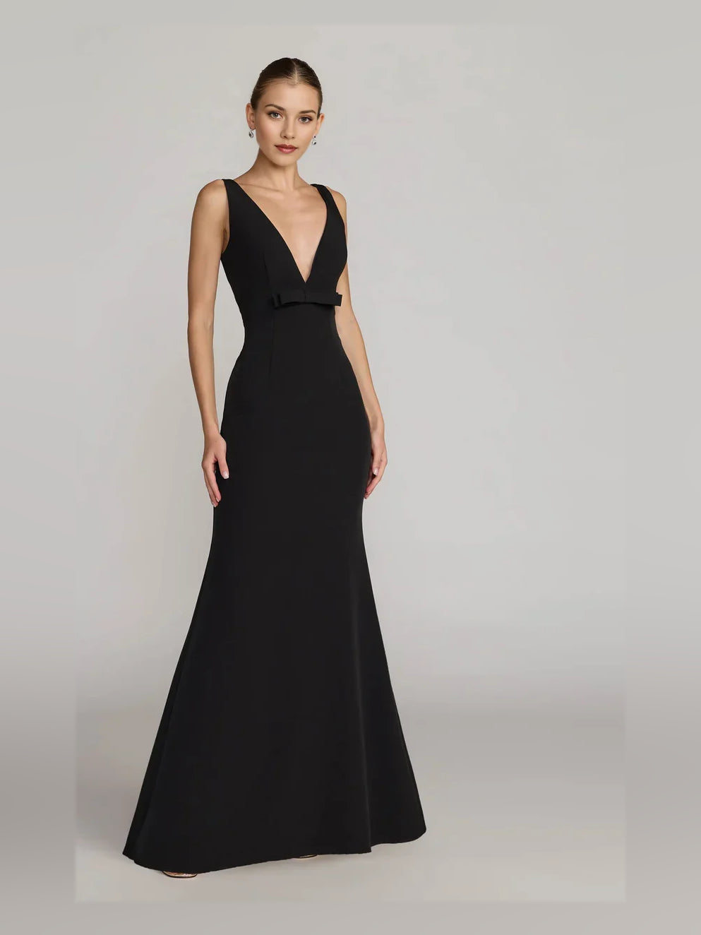 Black mermaid floor-length formal dress with bow detail, alternate view