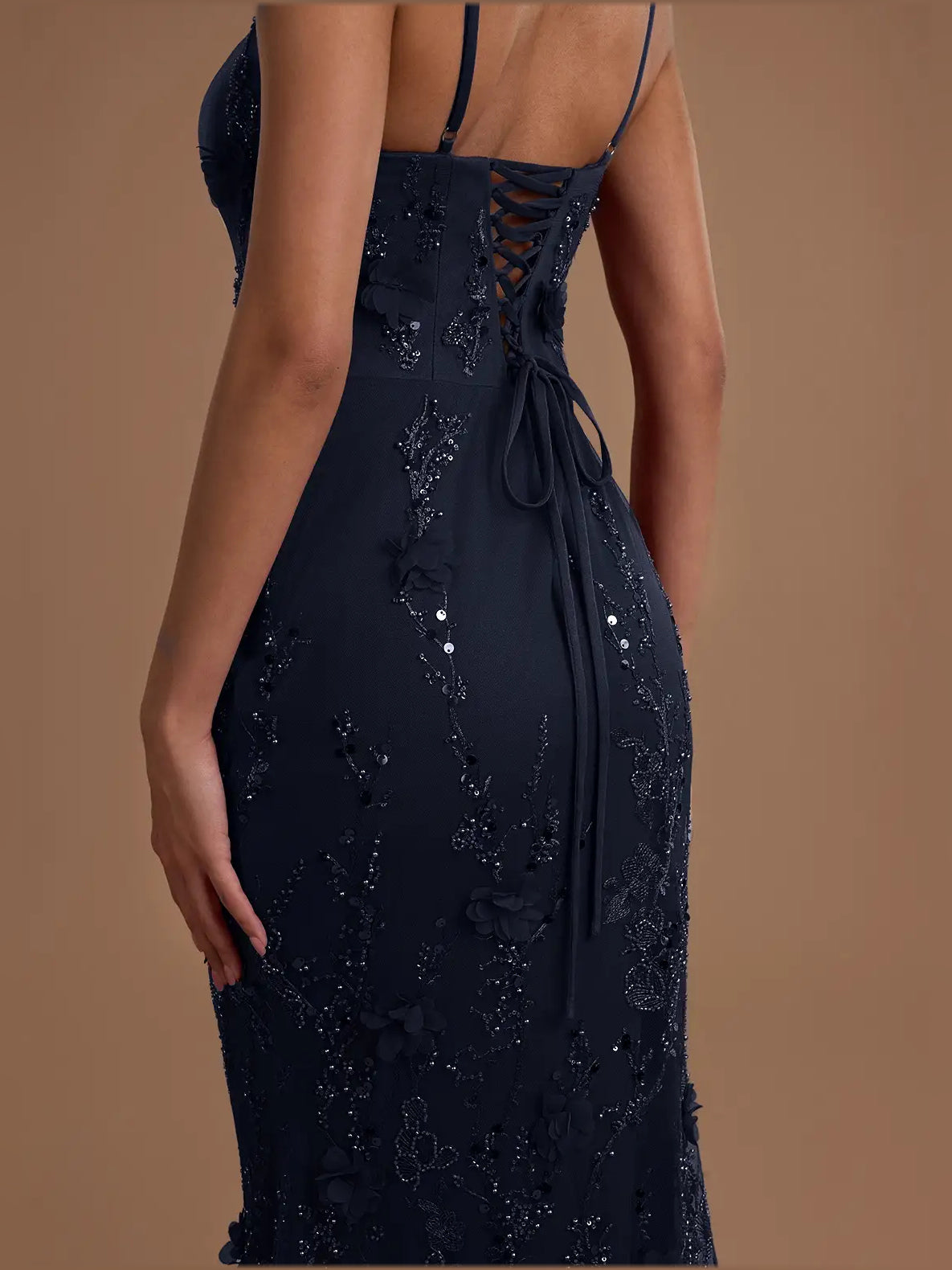 Navy Blue floor-length prom dress, alternate view showing the skirt and hem