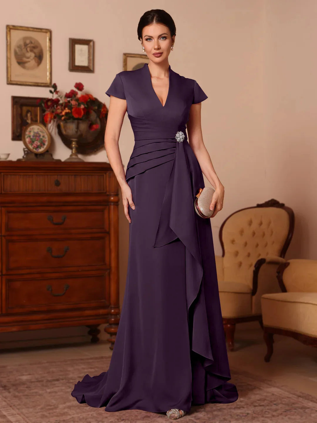 Grape floor-length mother of the bride dress, alternate view showing the skirt and hem