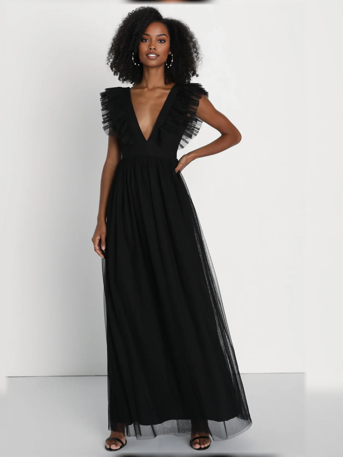 Black maxi bridesmaid dress, alternate view showing the skirt and hem