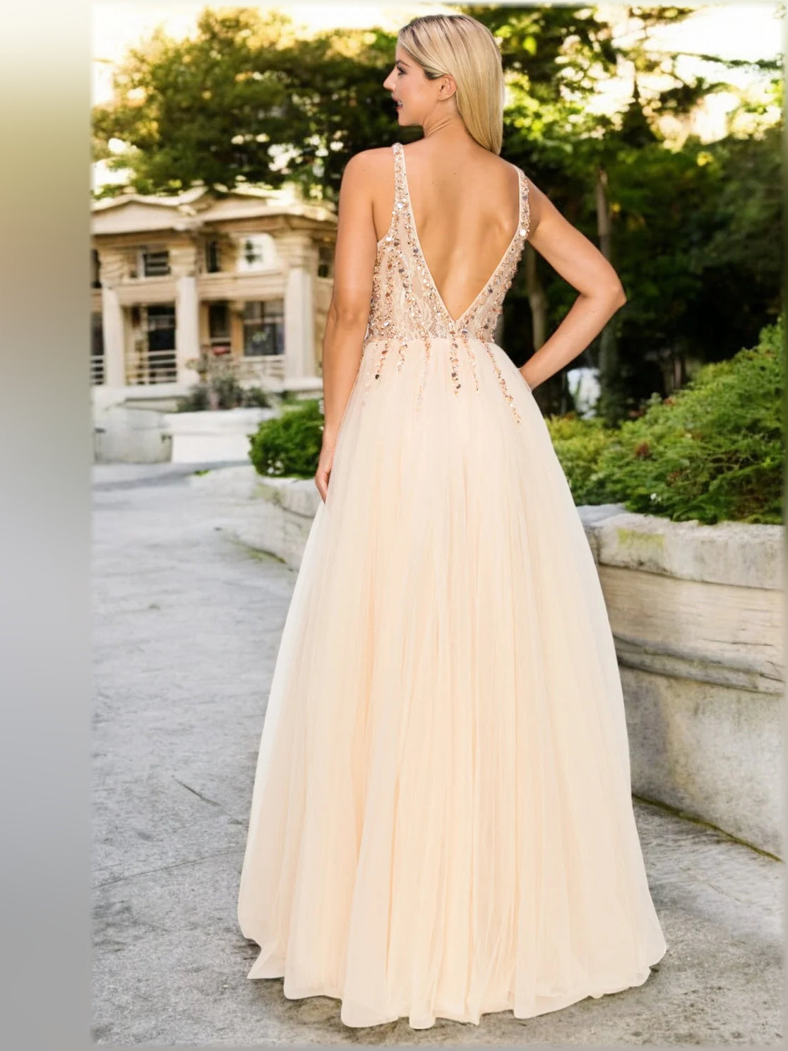 Champagne a-line floor-length formal dress with beading, alternate view showing the skirt