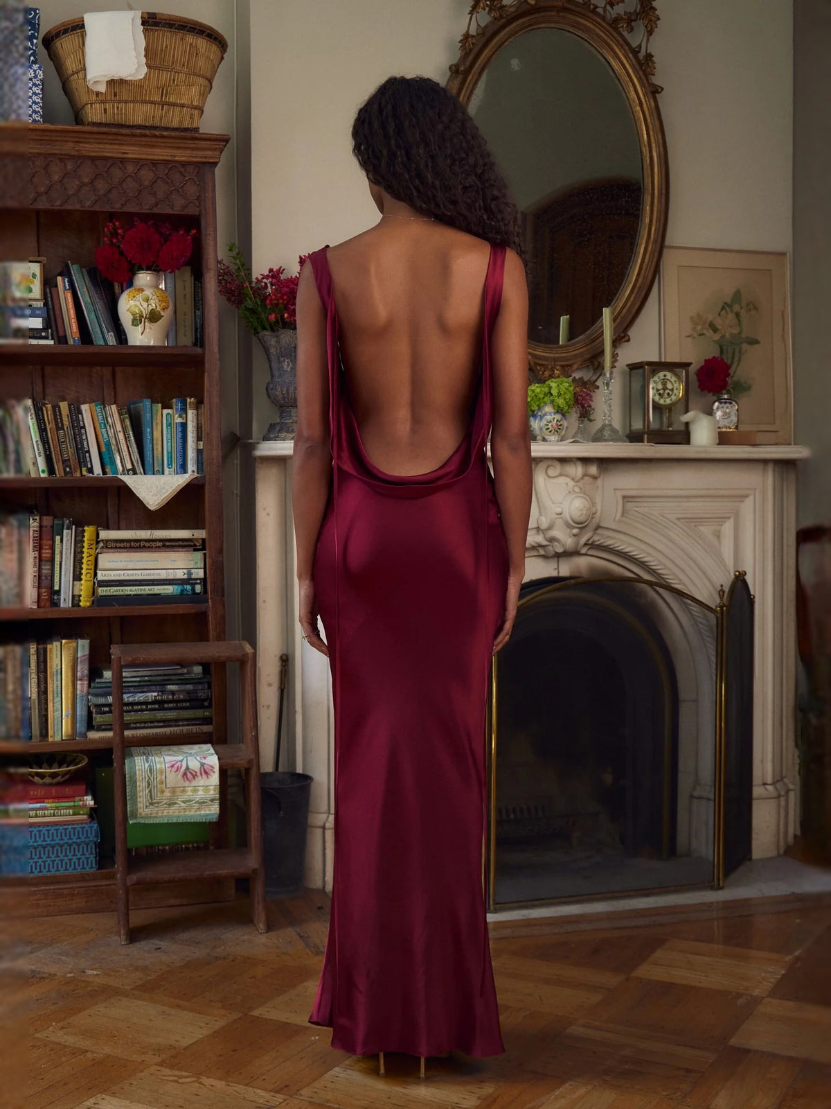 Red floor-length prom dress, alternate view showing the skirt and hem