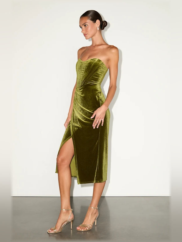 Olive Green midi formal dress, alternate view showing the skirt