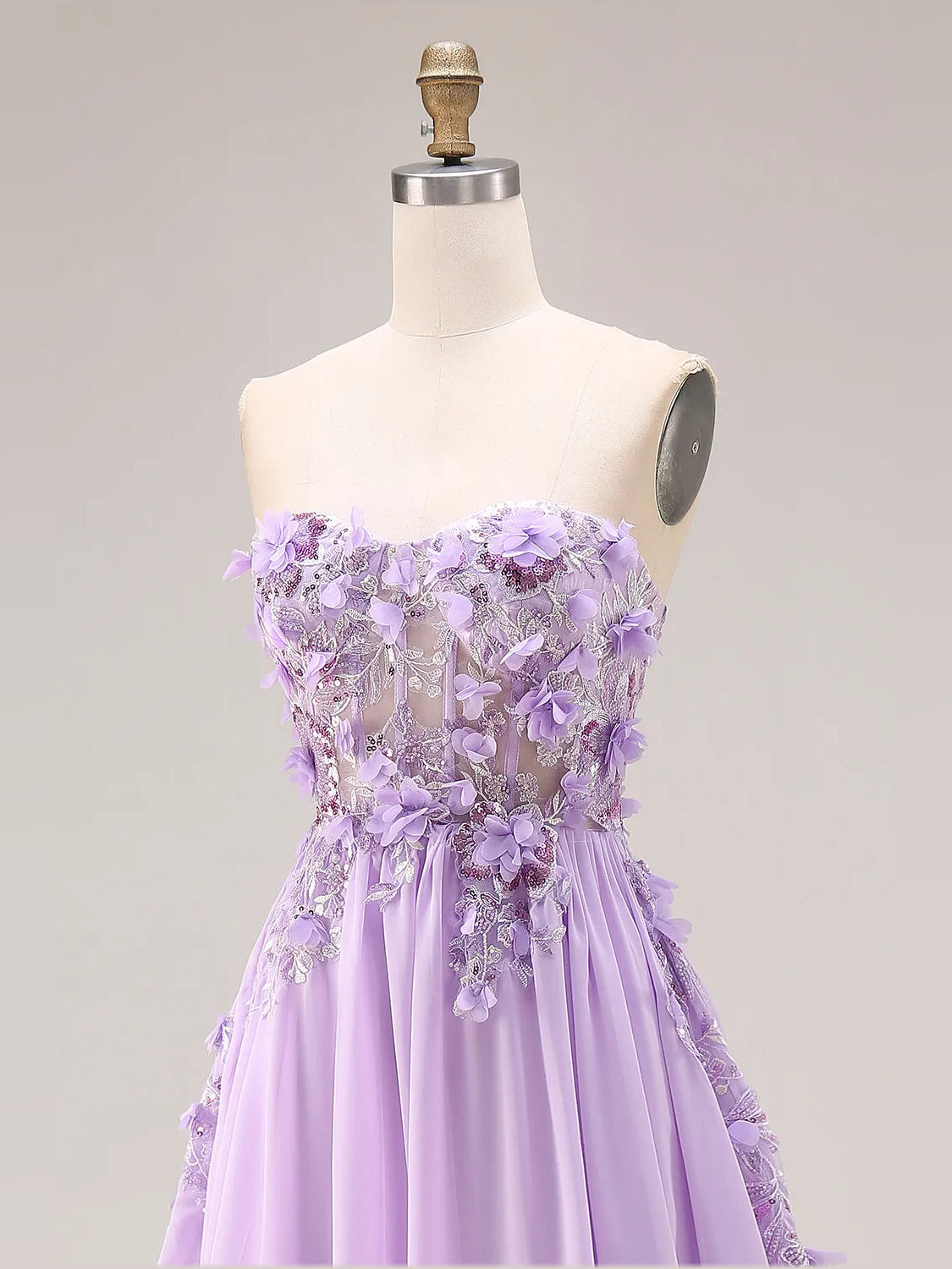 Lilac floor-length prom dress, alternate view showing the skirt and hem