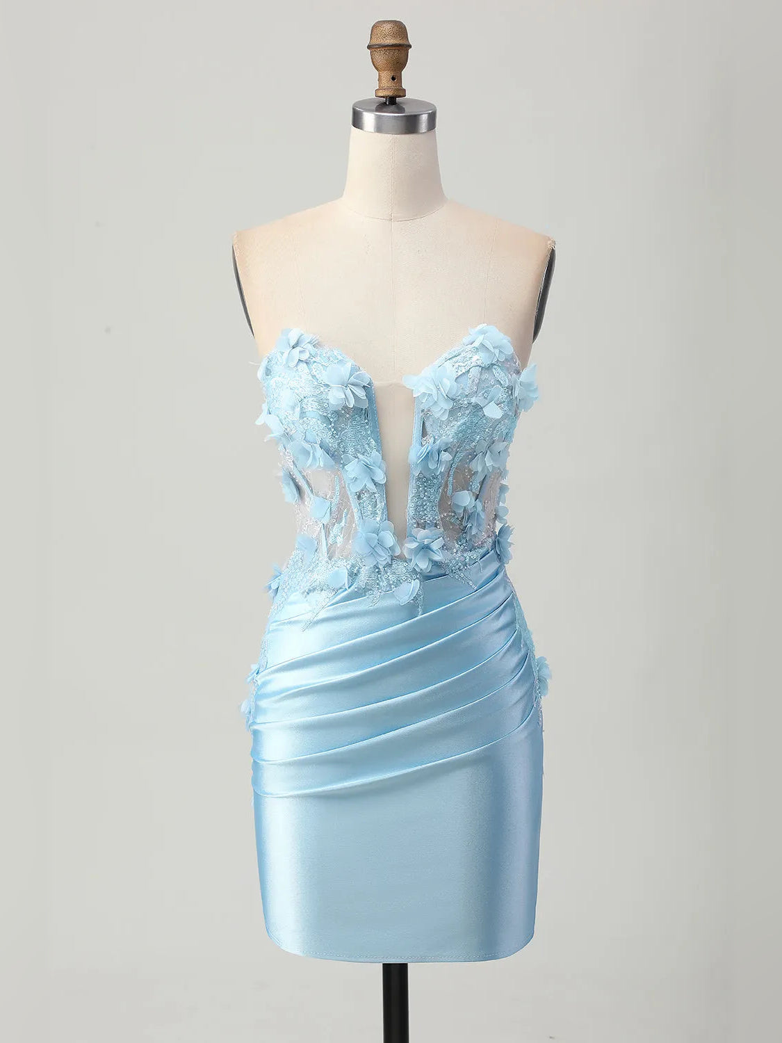 Light Blue mini homecoming dress, alternate view showing the skirt and hem