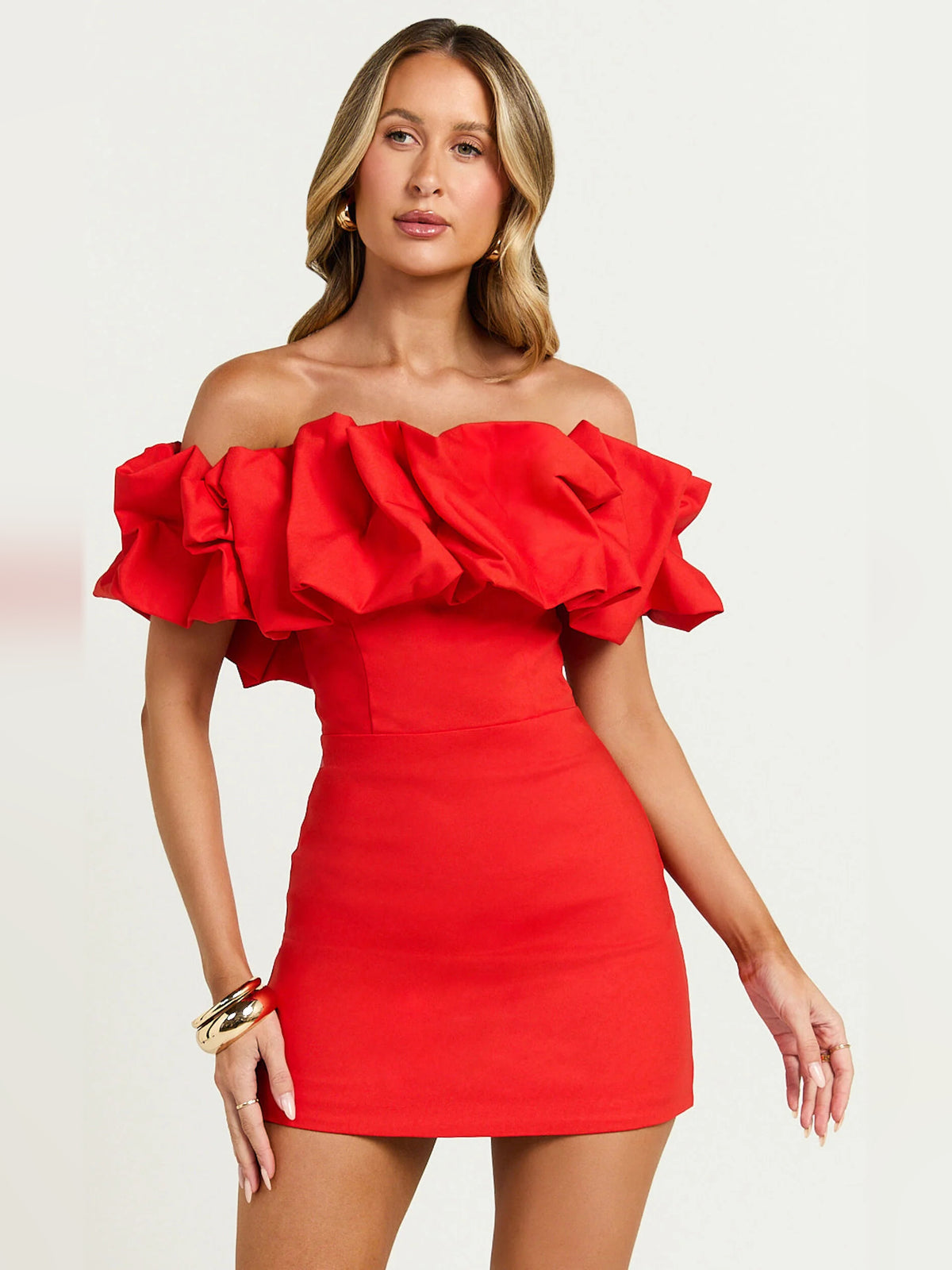 Red mini homecoming dress, alternate view showing the skirt and hem