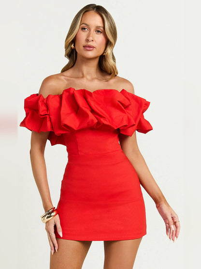 Red mini homecoming dress, alternate view showing the skirt and hem