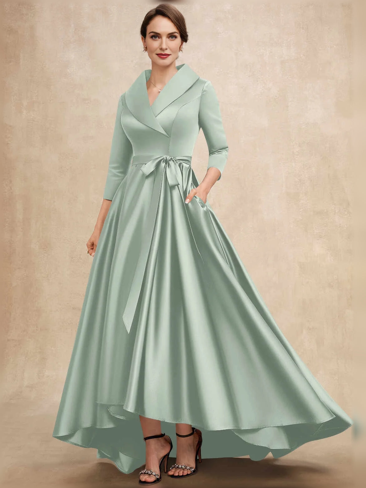 Mint Green high-low mother of the bride dress, alternate view showing the skirt and hem
