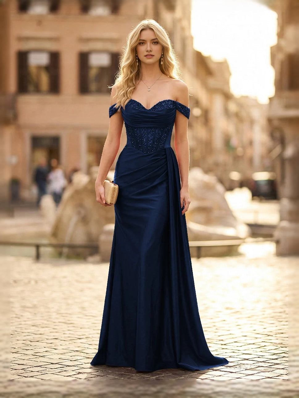 Dark Blue maxi bridesmaid dress, alternate view showing the skirt and hem