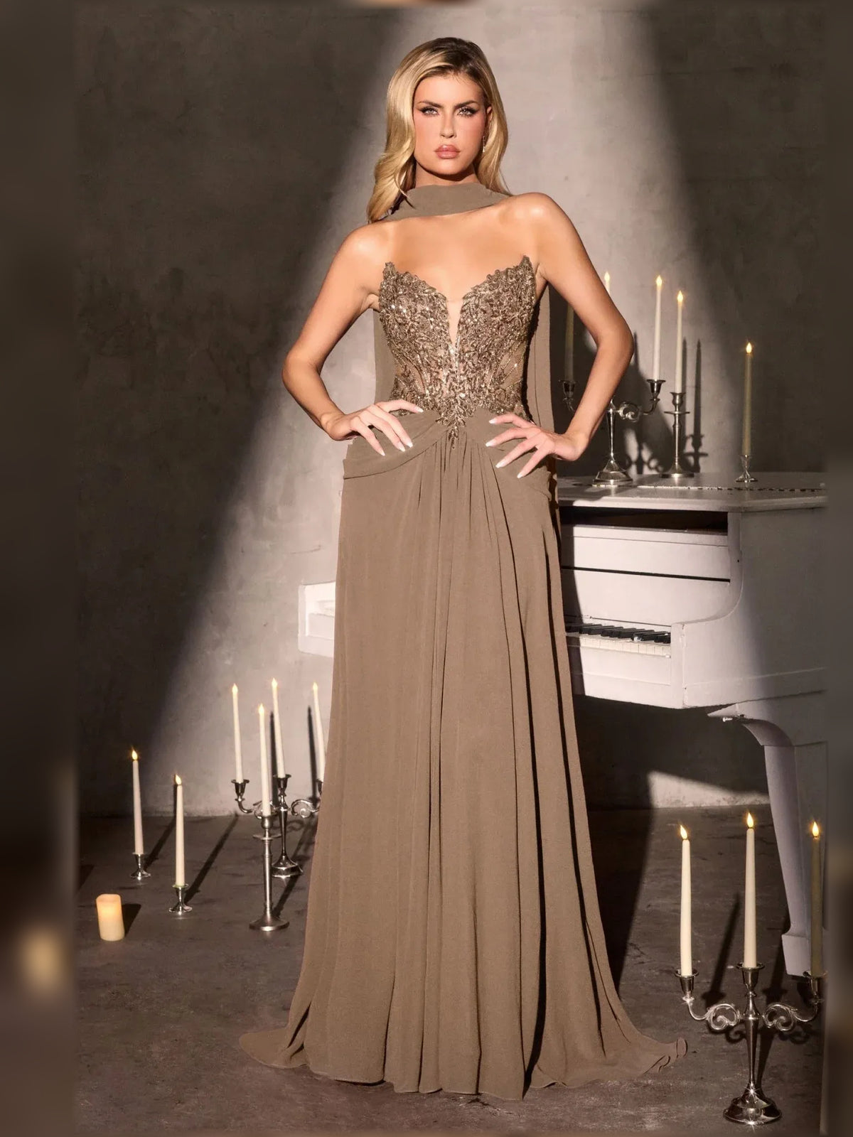 Khaki floor-length mother of the bride dress, alternate view showing the skirt and hem