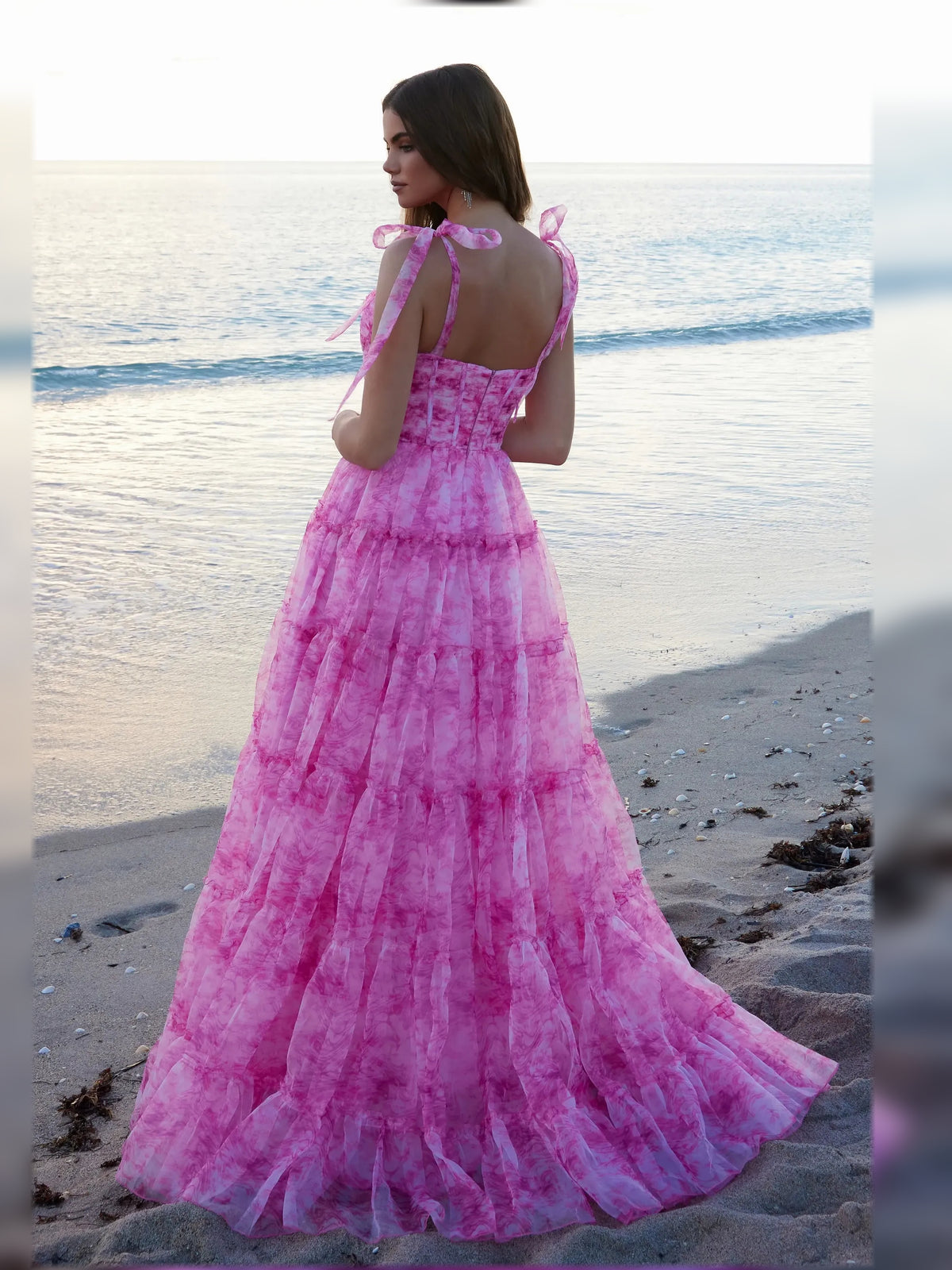 Blue a-line floor-length formal dress with bow detail, alternate view showing the skirt