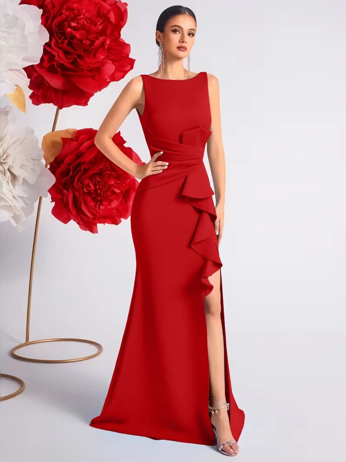 Red floor-length prom dress, alternate view showing the skirt and hem